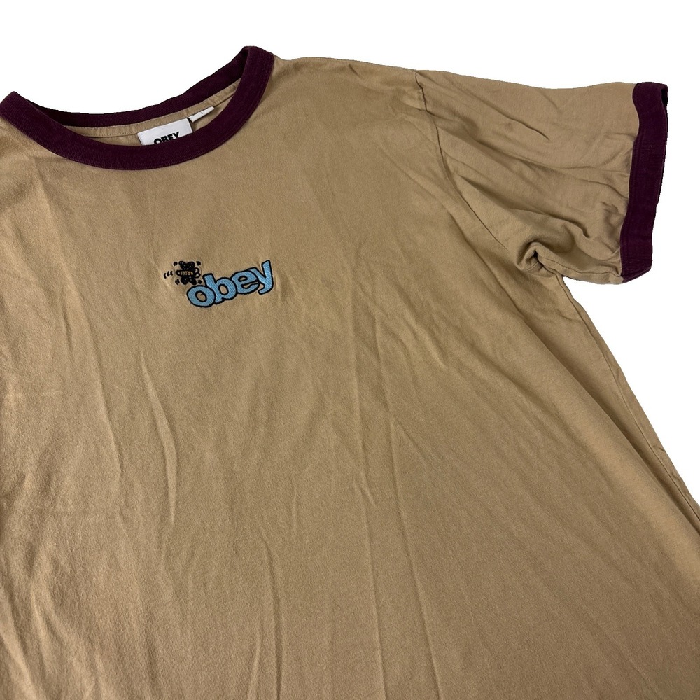Obey Men's Bee buzz Ringer tee T-shirt Sz Large Beige Embroidered Logo